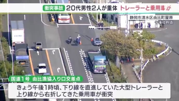 静岡で大型トレーラーと小型乗用車が衝突