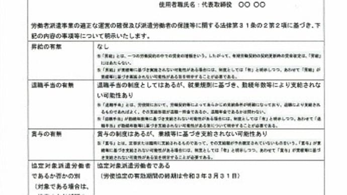 2020年4月改正 労働者派遣法(派遣先均等・均衡方式 待遇に関する説明(雇入れ時))