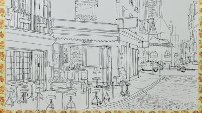 「パリの街角Ⅱ」の下絵をペンで描いています