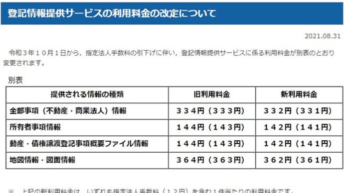 登記情報提供サービスの利用料金の改定について