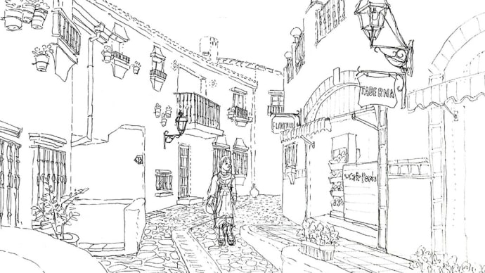 今日の絵は「志摩地中海村で お散歩」のペン描き下絵です