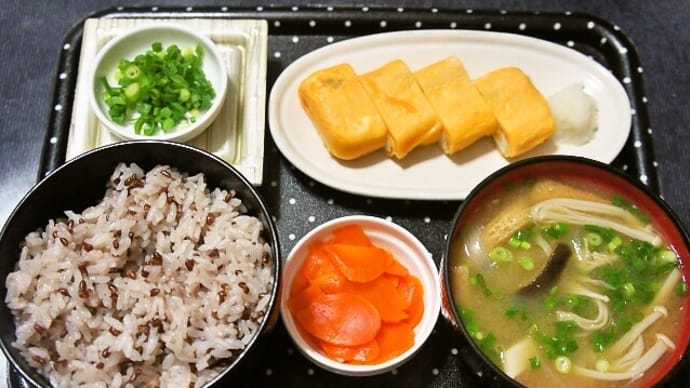 家で朝ご飯(赤米入りご飯に玉子焼き(厚焼き玉子)、納豆、玉ねぎとキノコのみそ汁、生姜みそ)(2021年11月14日)