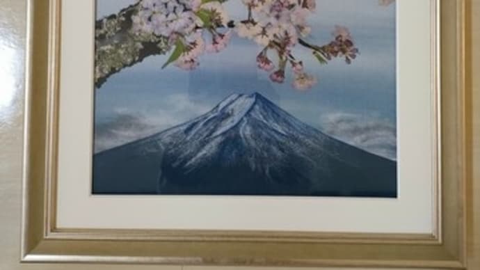 墨絵の桜の樹木と富士山（押し花）
