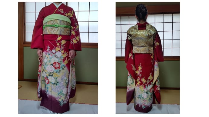 夜中に練習した帯揚げのいりく、娘に試してみました
