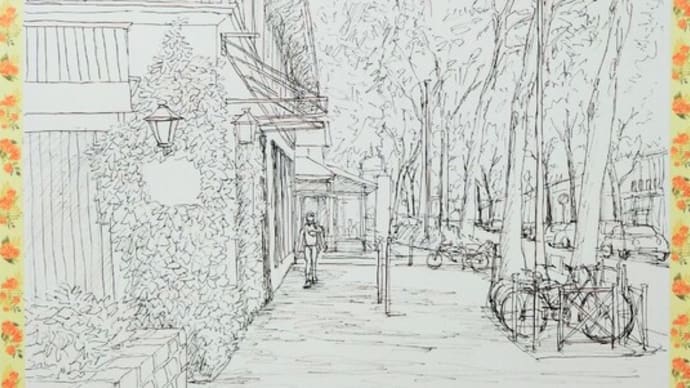 「パリの街角」の下絵をペンで描いています!