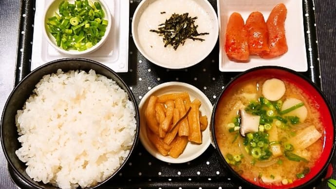 家で朝ごはん(ごはんに辛子明太子(あごおとし)、とろろ、納豆、玉ねぎとエリンギのみそ汁、割干大根漬)(2023年2月5日)
