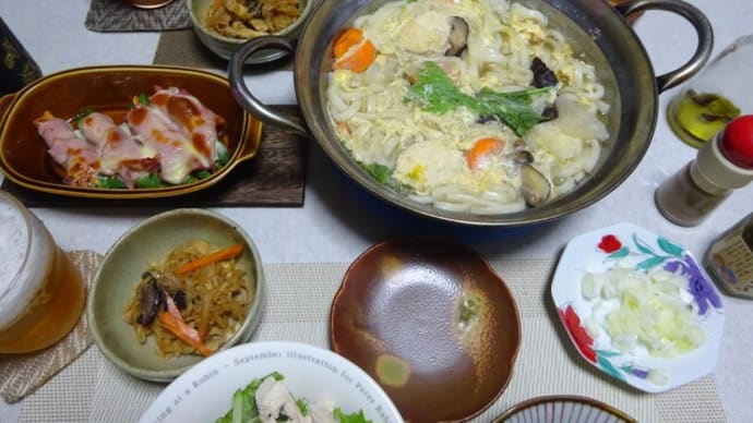 玉子とじうどんの晩ご飯、影アートとボトルキャップでSDGs