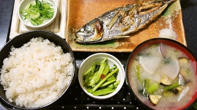 家で朝ご飯(富山県産ミルキークイーンにアジの塩焼き、野菜の白味噌汁(カブ・ナス・小松菜・紫玉ねぎ)、納豆、カブの葉漬け(自家製))(2021年4月3日)