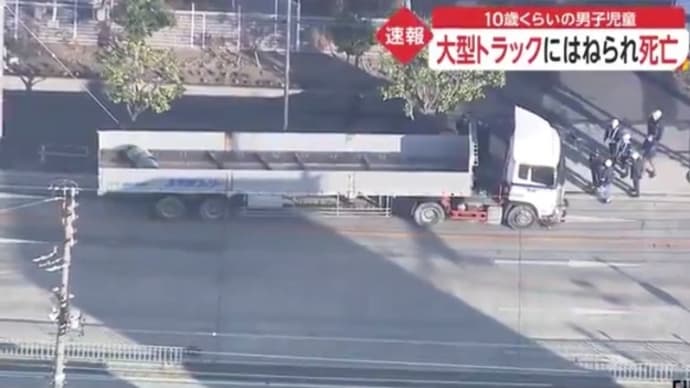愛知で片側3車線の車道を勝手に横切りやがった馬鹿餓鬼が大型トレーラーに撥ねられ自業自得でくたばりやがる