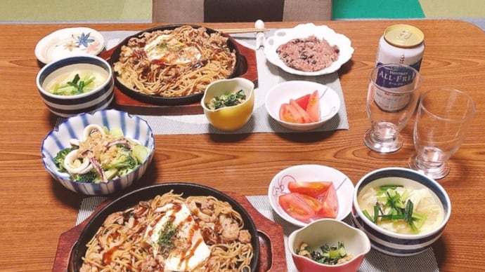 生イカ入り焼きそば&ブロッコリーとイカの薬味だれ