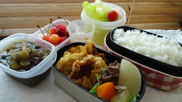 鶏天と豚天のお弁当と、ソーイング