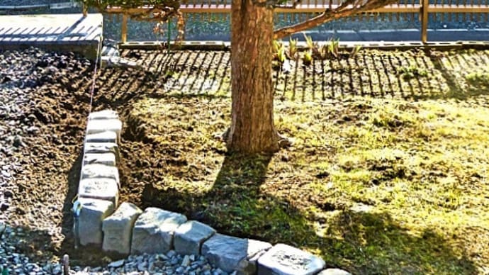 猫額庭園の東側（第１地下車庫の西壁沿い）に縁石を設置する作業を始めました