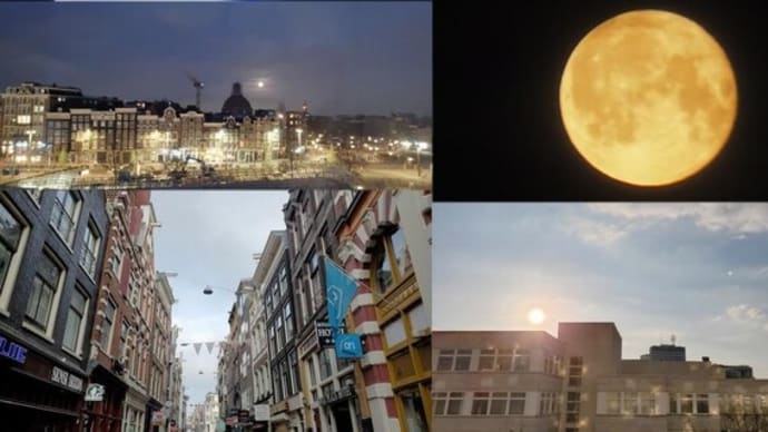 2025年4月15日 昨日の風景 夜明け前/有明の満月,アムステルダムダウンタウン,夕景/ベルリン