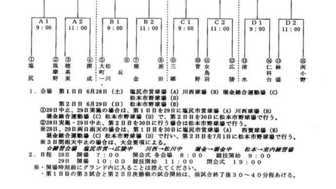 第53回 長野県中学校総合体育大会 夏季大会 中信地区予選会 兼 中学校体育大会 軟式野球 組み合わせ