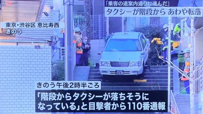 東京でタクシーの客を装った塵芥屑が態と階段に誘導して車を階段に落とした上に乗り逃げ