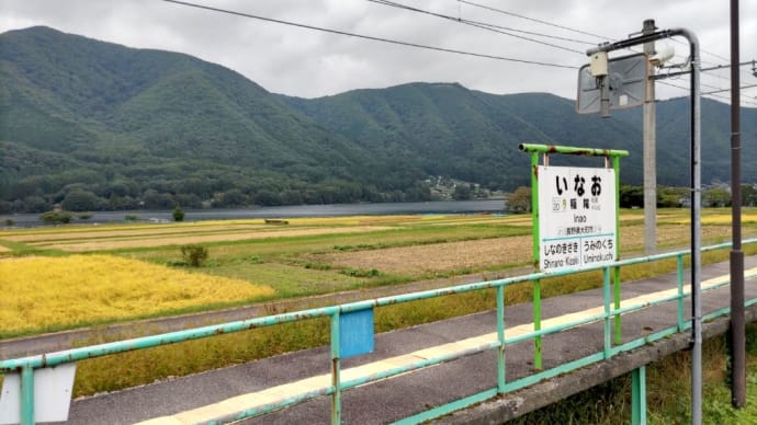 湖と稲穂が見える駅