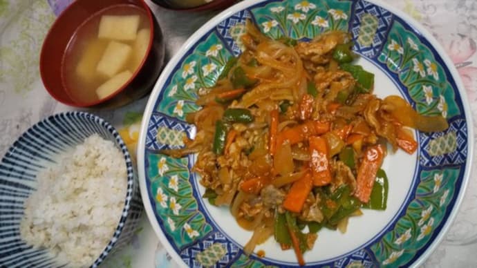 今夜のめし 豚とピーマン、玉ねぎのトマトケチャップ炒め