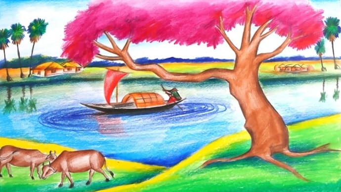 How to Draw a Village Scenery for Beginners | Scenery Drawing With Pencil color | গ্রামের দৃশ্য