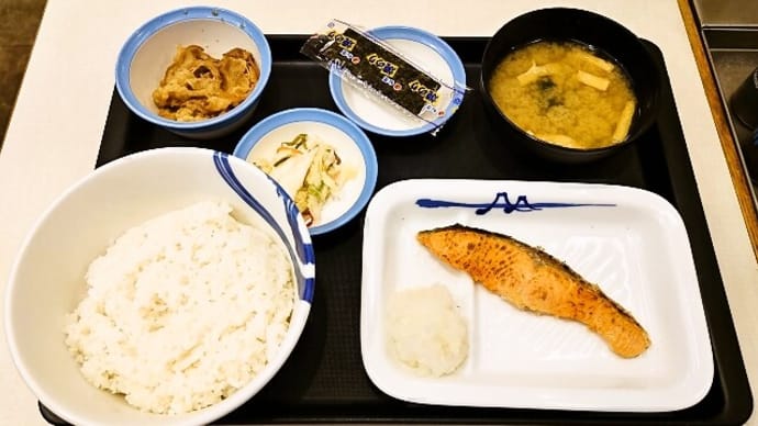 松屋 (浦安駅前店)で炙り焼鮭朝定食(ミニ牛皿)(2023年12月23日)