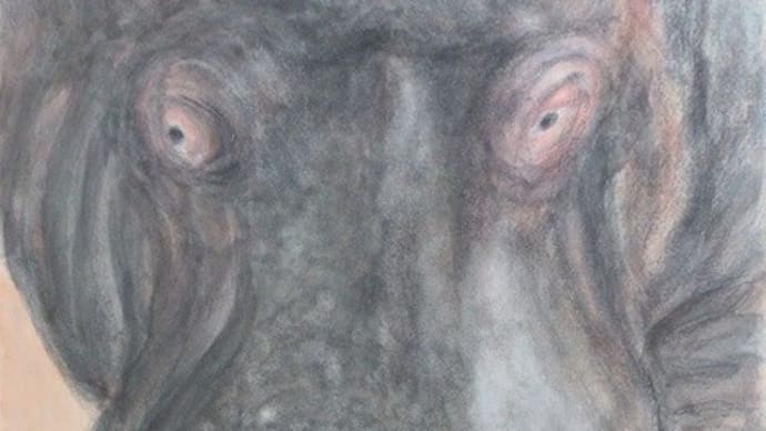 楽描き水彩画「食事するカバ」