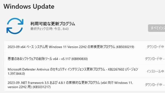 Windows 11 バージョン 22H2 に今月 (2023年9月) の累積更新 (KB5030219) が配信されてきました。