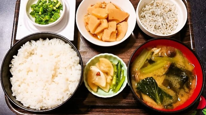 家で朝ごはん（ごはんは千葉県産ふさおとめ、釜揚げしらす、たけのこの土佐煮、ひきわり納豆、小松菜としめじのみそ汁、かぶの漬物）（2024年6月28日）