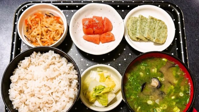 家で朝ご飯(押麦ごはんに清流川のり天、辛子明太子(博多あごおとし)、切り干し大根煮、しじみ汁、白菜漬)(2023年11月9日)