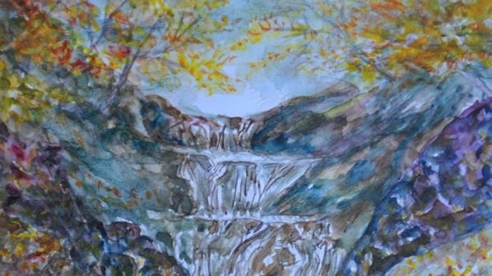 西沢渓谷七ツ釜五段の滝紅葉景色 絵 13
