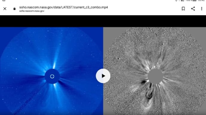 「これって何ですか？！・・・」～ 2023/09/25 の太陽観測衛星SOHO（ラスコ C3）の映像（切り取り）。