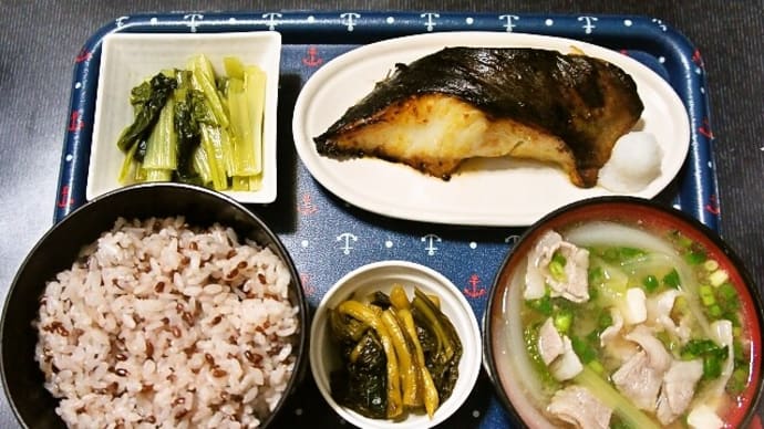 家で朝ご飯(赤米入りご飯に銀だらの西京漬、豚汁、小松菜のおひたし等)(2021年5月20日)