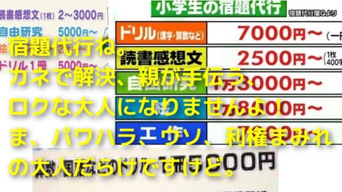 宿題代行かぁ。金で解決、親が手伝う、ロクな大人になりません。