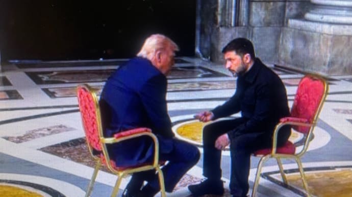 ローマ教皇の　葬儀で　　ゼネスキーとトランプが再会し話し合っている