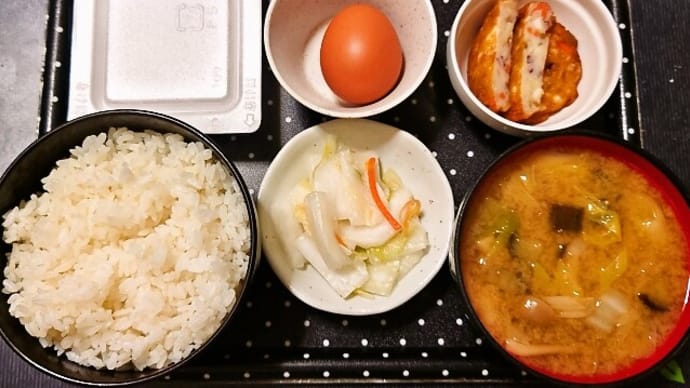 家で朝ご飯(ごはんにさつま揚げ、生卵、納豆、野菜たっぷりみそ汁、白菜漬)(2023年9月6日)
