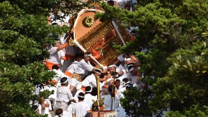 洲崎のお祭り お神輿が階段を下りるところ(館山市)
