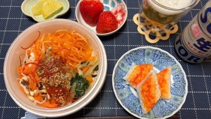 1食分の野菜が摂れるもち麦ご飯のビビンバ@成城石井 キャベツとベーコンのつゆ油うどん