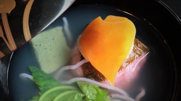 花月のお料理(60)~桜蒸し吉野仕立てのお椀・胡桃豆腐