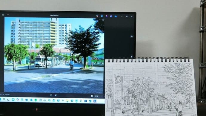 今日の絵は「阪急仁川駅前」のペン描き下絵です