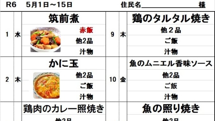 5月前半 夕食メニュー