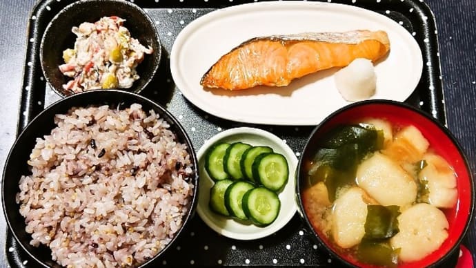 家で朝ご飯(十六穀ごはんに焼鮭(銀鮭)、白あえ、ふ(焼麩)とわかめのみそ汁、きゅうりぬか漬)(2024年3月29日)