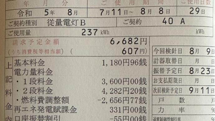 先月の東京電力電気代の検針票が郵送されてきた