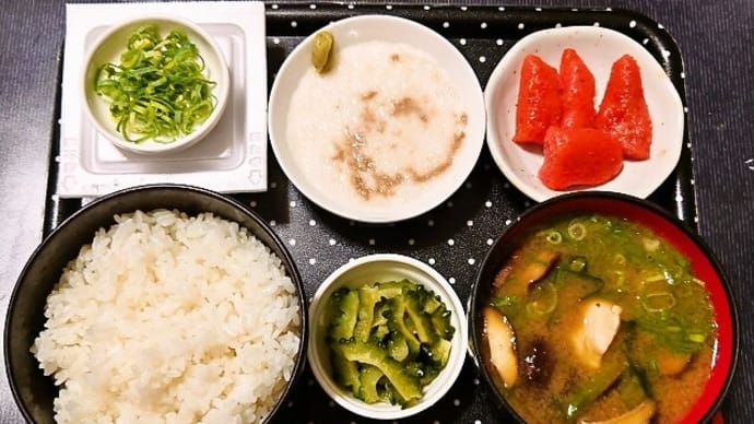 家で朝ご飯（ごはんは栃木県産コシヒカリに辛子明太子、とろろ、納豆、ささみのみそ汁、ゴーヤ漬）（2022年8月15日）