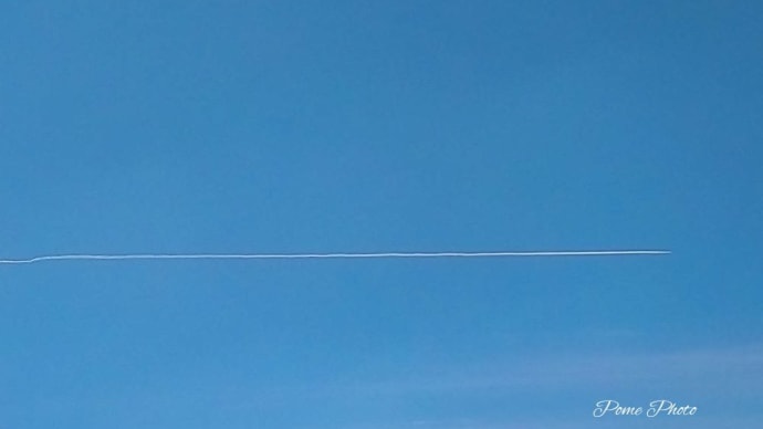 青空に一直線に伸びる飛行機雲♪