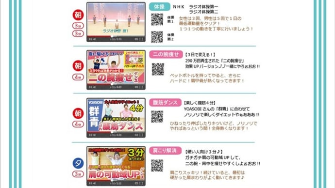【エクササイズ】動画集(ラジオ体操、肩こり解消、くびれダンス、二の腕…)