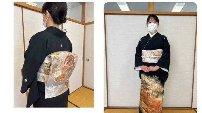 堺市美原区の木青会館の木曜きもの教室、振袖の変わり結びと留袖の練習