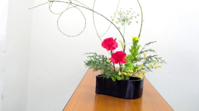 シダレヤナギの線とヒバの面・・カーネーション添えの面白い自由花