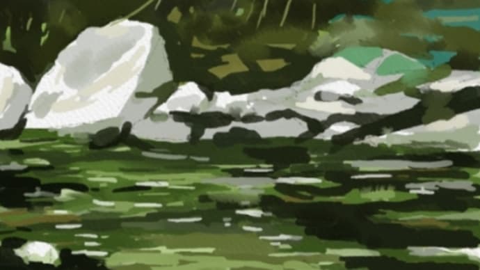 パソコン水彩画 浅瀬の川石を描く