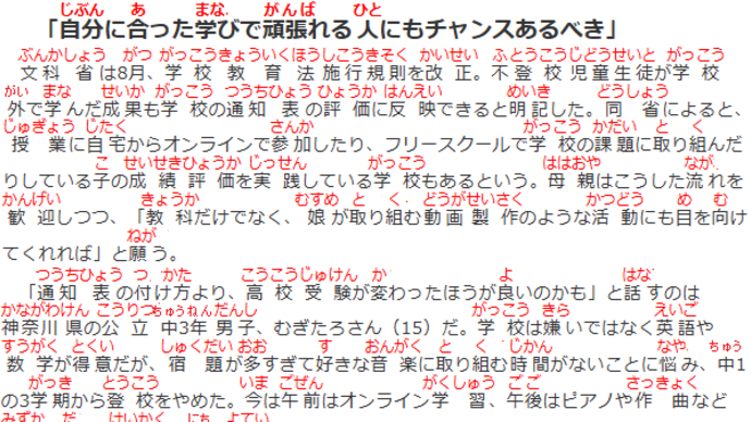 「増え続ける不登校児童」・フリガナ付き記事177