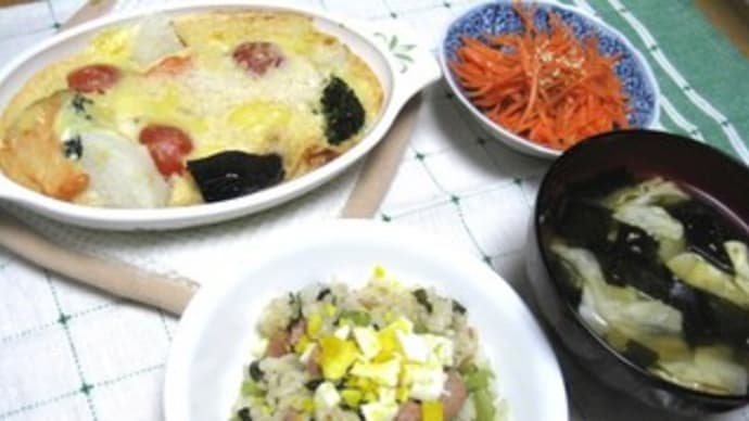 豆腐グラタンとスパム大根葉チャーハンの朝ごはん