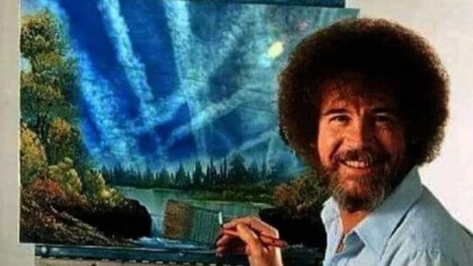 Funny But True, Bob Ross Is Adding Happy Rep Overlords In His Chem-Trail Picture.  😀😂🤣😈🤡💀👽👾🛸🚀🛰✈️🚛