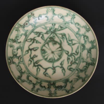 SALE品質保証♪♪ミャンマー白釉緑彩皿　高さ　６．５センチ　直径　２９．５センチ♪♪ 東南アジア